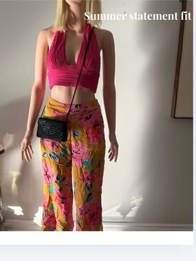 Women's Floral Wide-Leg Pants in Mustard & Pink